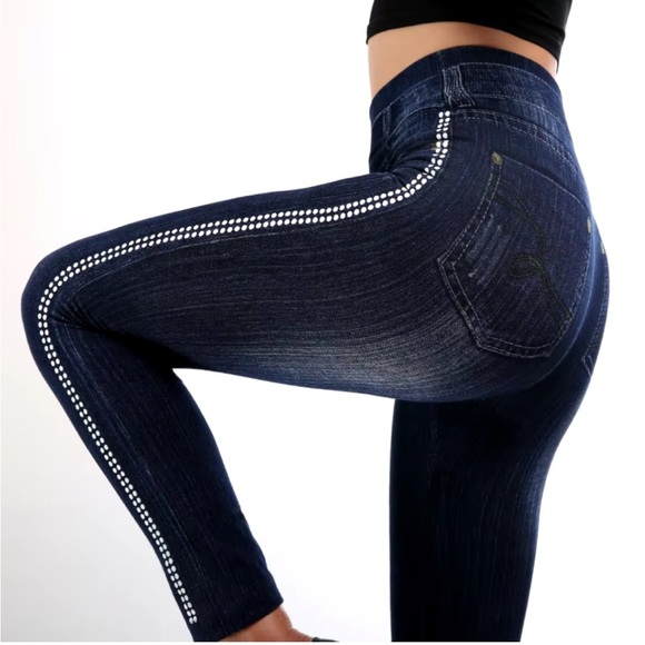 Stretchy faux jeans jeggings w printed faux pockets rhinestones buttons size XS - Picture 1 of 9
